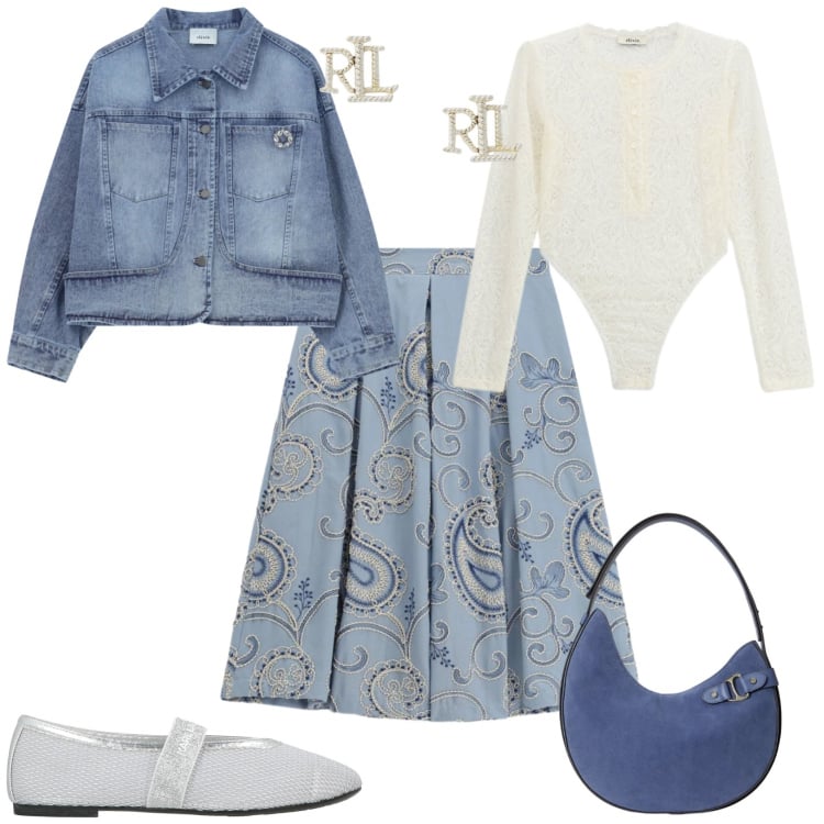 Outfit donna - Casual chic ufficio tempo libero. Stile Casual chic per Tutti i giorni. Abbinamento con ballerine, blazer, body, gonne longuette, orecchini, borse a spalla.