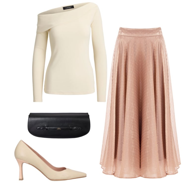 Outfit donna - Sogno di Primavera. Stile Bon Ton per Serata fuori. Abbinamento con décolleté, gonne longuette, clutch, top.