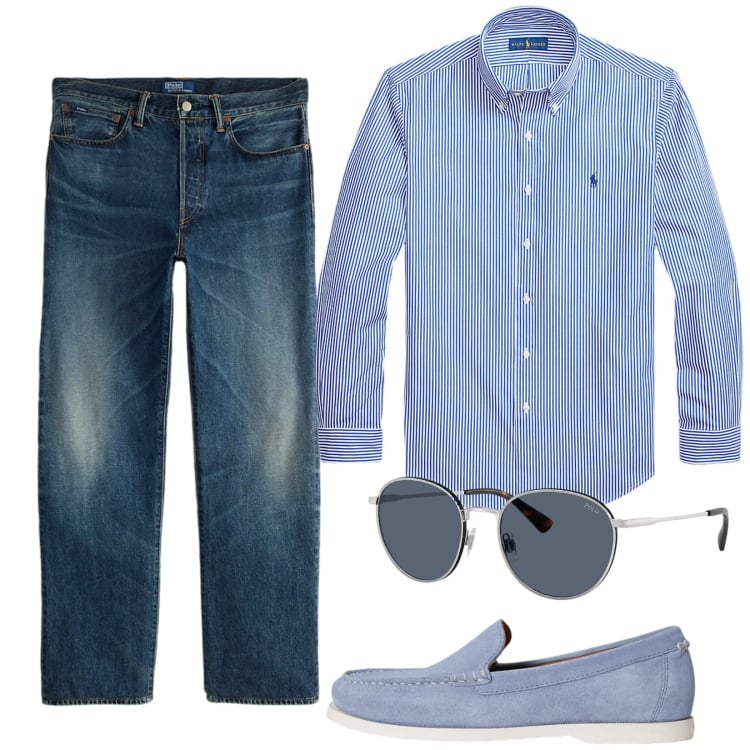 Outfit uomo - Jeans e camicia al sole. Stile Casual per Tutti i giorni. Abbinamento con camicie, jeans dritti, occhiali da sole, scarpe stringate.
