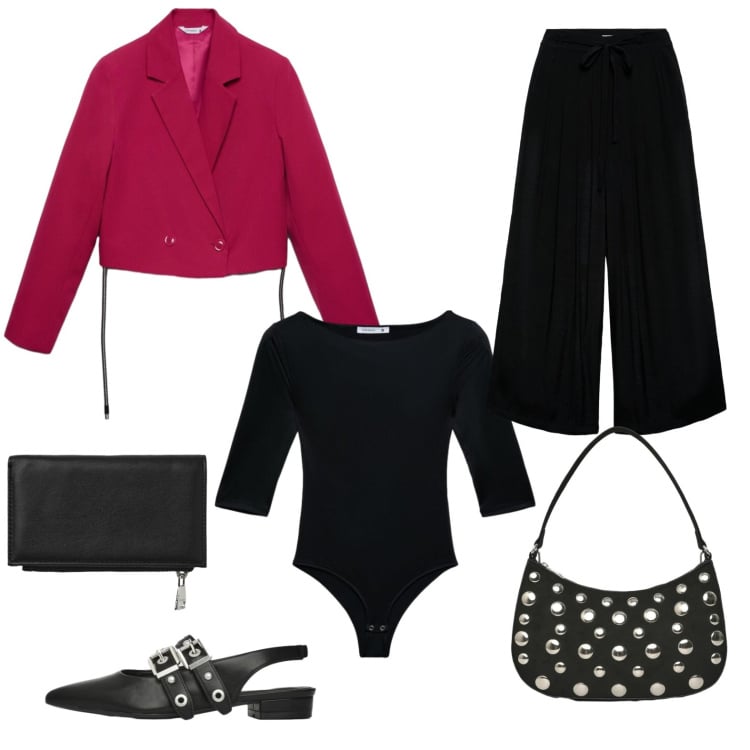 Outfit donna - La giacca crop per la sera. Stile Casual chic per Serata fuori. Abbinamento con ballerine, blazer, portafogli, borse a tracolla, t-shirt, pantaloni.