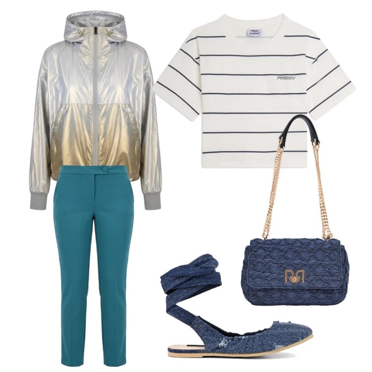 Outfit donna - Pantalone capo chiave della primavera. Stile Casual per Tutti i giorni. Abbinamento con borse a spalla, pantaloni, t-shirt, bomber, ballerine.