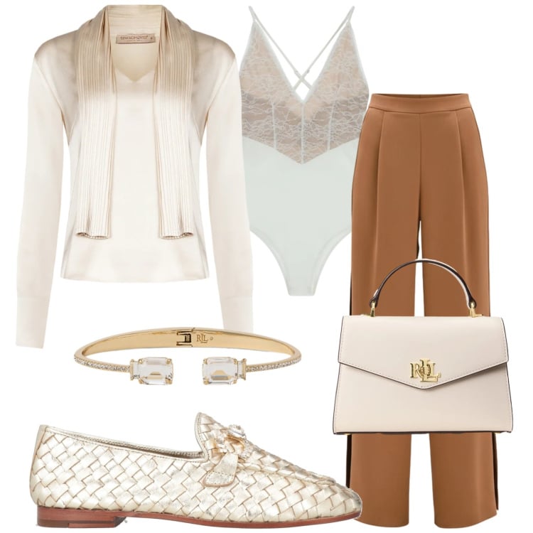 Outfit donna - I mocassini oro. Stile Chic per Ufficio. Abbinamento con mocassini, body, bluse, pantaloni a palazzo, braccialetti, borse a mano.