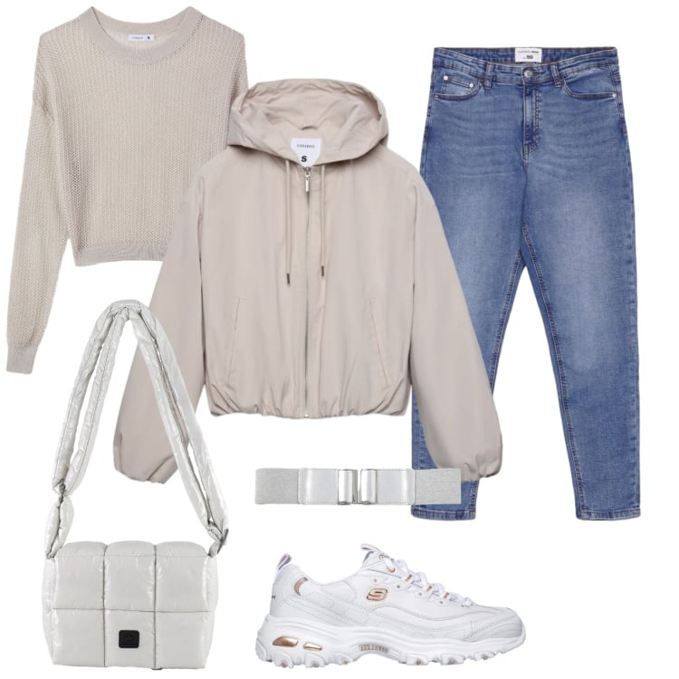 Outfit donna - Total look #2375225. Stile Trendy per Tutti i giorni. Abbinamento con cinture, bomber, maglieria, jeans skinny, borse a spalla, sneakers.