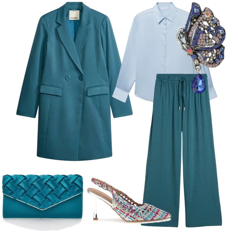 Outfit donna - Total look #2375227. Stile Chic per Cerimonia. Abbinamento con pantaloni, blazer, ciondoli, pochette, camicie, décolleté.