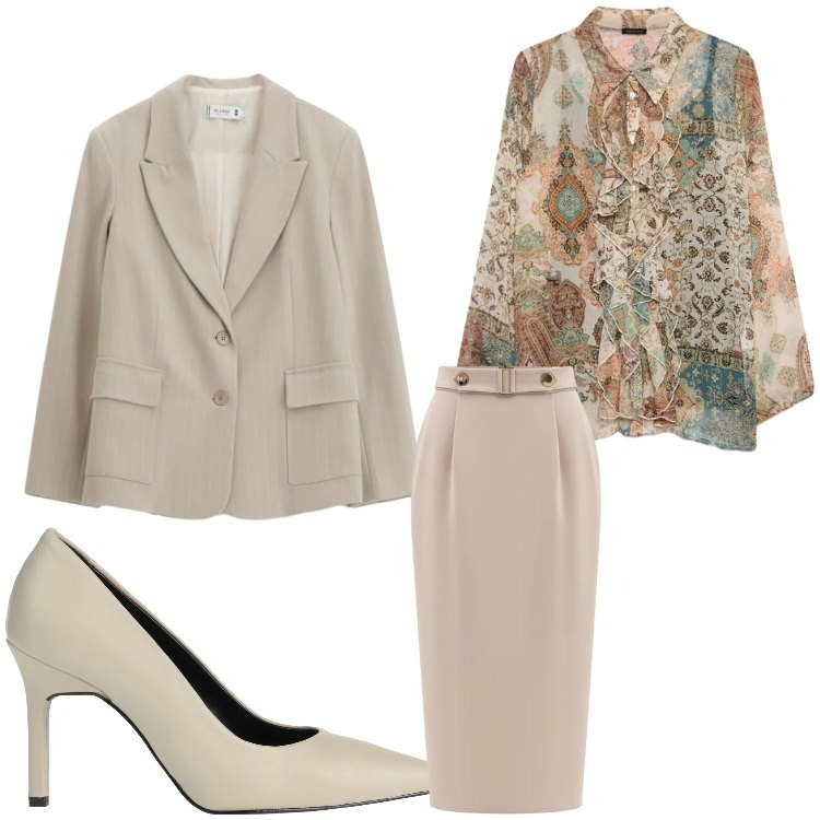 Outfit donna - Professionale. Stile Chic per Ufficio. Abbinamento con décolleté, camicie, gonne longuette, blazer.