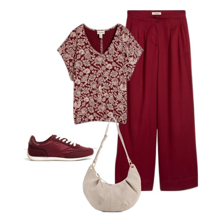 Outfit femme - Pantalon large à pinces. Style Casual chic pour Tous les jours. Assortir avec pantalon , sacs en bandoulière, t-shirts, sneakers.