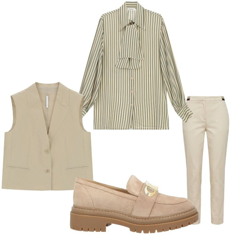 Outfit donna - Mannish. Stile Mannish per Ufficio. Abbinamento con mocassini, pantaloni chino, gilet, camicie.