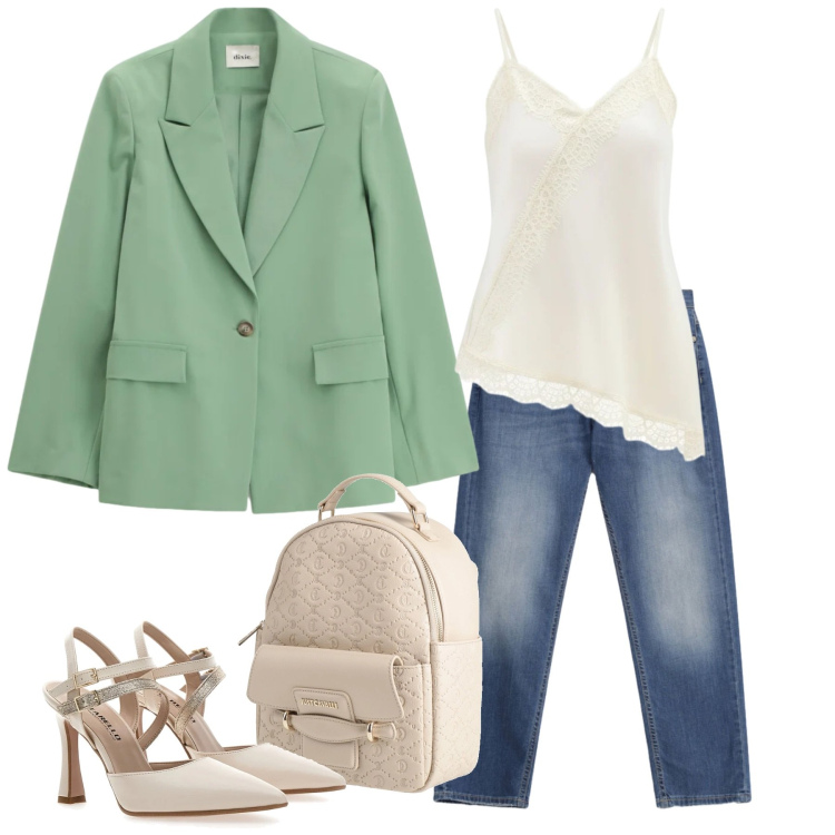 Outfit donna - Total look #2375232. Stile Sporty chic per Ufficio. Abbinamento con zaini, jeans dritti, canottiere, blazer, décolleté.