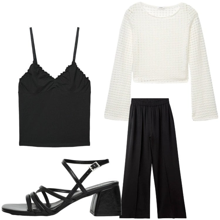 Outfit donna - Con stile. Stile Chic per Serata fuori. Abbinamento con maglieria, pantaloni, sandali col tacco, canottiere.