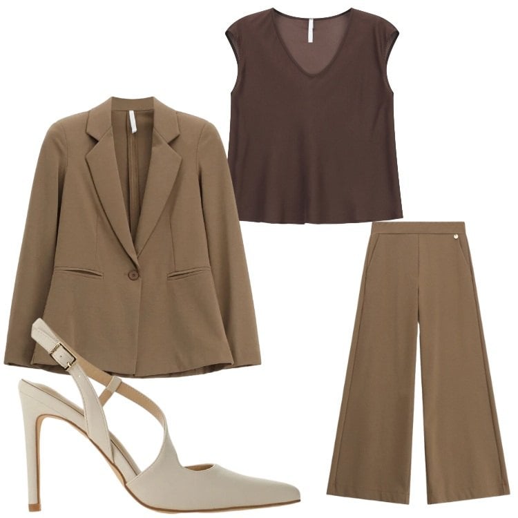 Outfit donna - Signora Brown. Stile Chic per Serata fuori. Abbinamento con pantaloni a palazzo, blazer, décolleté, top.