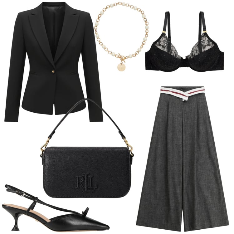 Outfit donna - Rigore e libertà in ufficio. Stile Chic per Ufficio. Abbinamento con décolleté, pantaloni a palazzo, blazer, collane, reggiseni, borse a spalla.