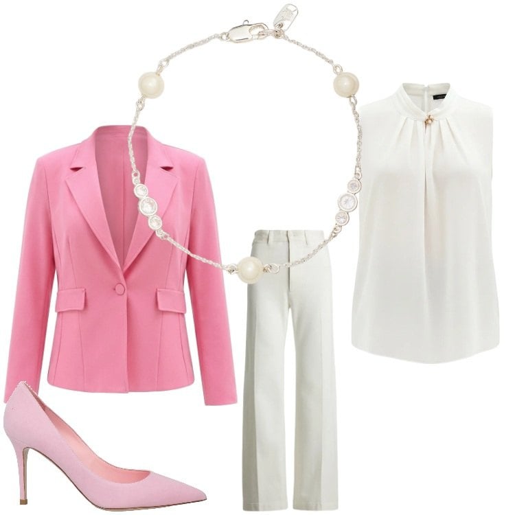 Outfit donna - Elegante. Stile Chic per Serata fuori. Abbinamento con décolleté, top, blazer, pantaloni, braccialetti.