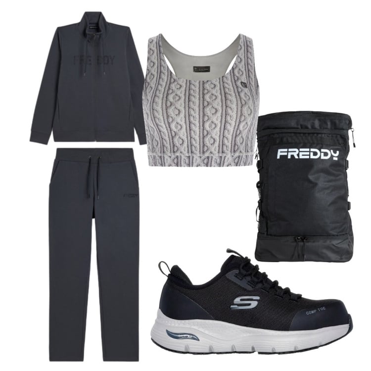 Outfit donna - primavera in grigio. Stile Minimal per Sport. Abbinamento con top sportivi, zaini, tute, sneakers.