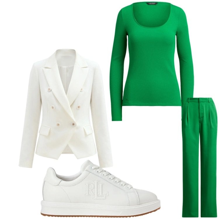 Outfit donna - Verde sporty. Stile Sporty chic per Serata fuori. Abbinamento con blazer, sneakers, t-shirt, pantaloni.