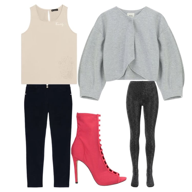 Outfit donna - Il ritorno del grigio in primavera. Stile Sporty chic per Tutti i giorni. Abbinamento con stivaletti, jeans skinny, collant, cappotti, top.