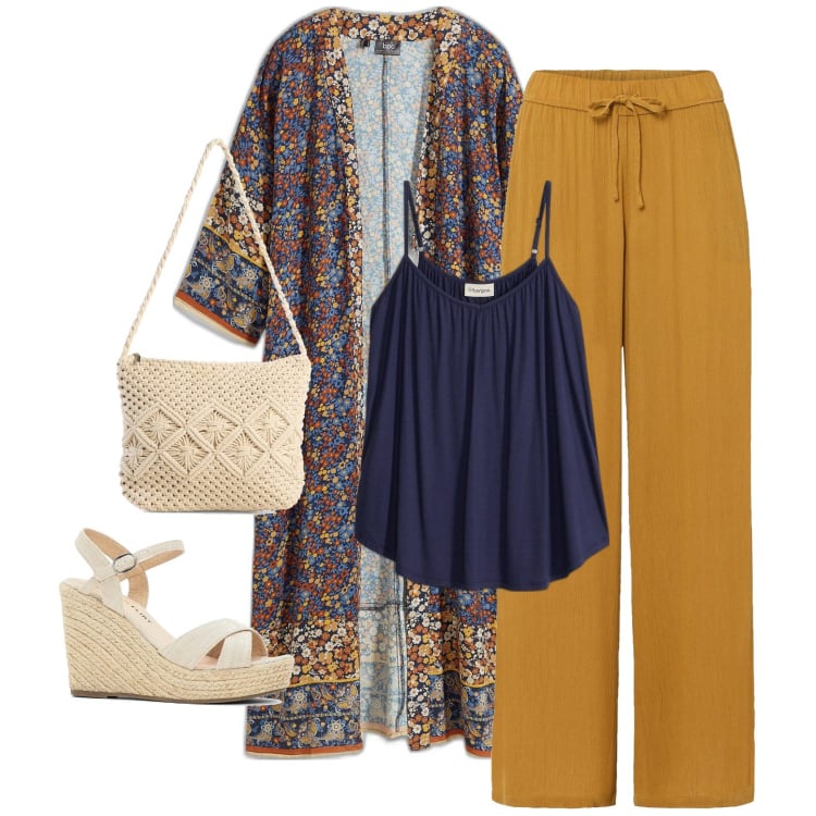 Outfit femme - Long gilet fleuri. Style Boho pour Tous les jours. Assortir avec pantalon , chaussures à semelle compensée, gilets sans manche, hauts, sacs en bandoulière.