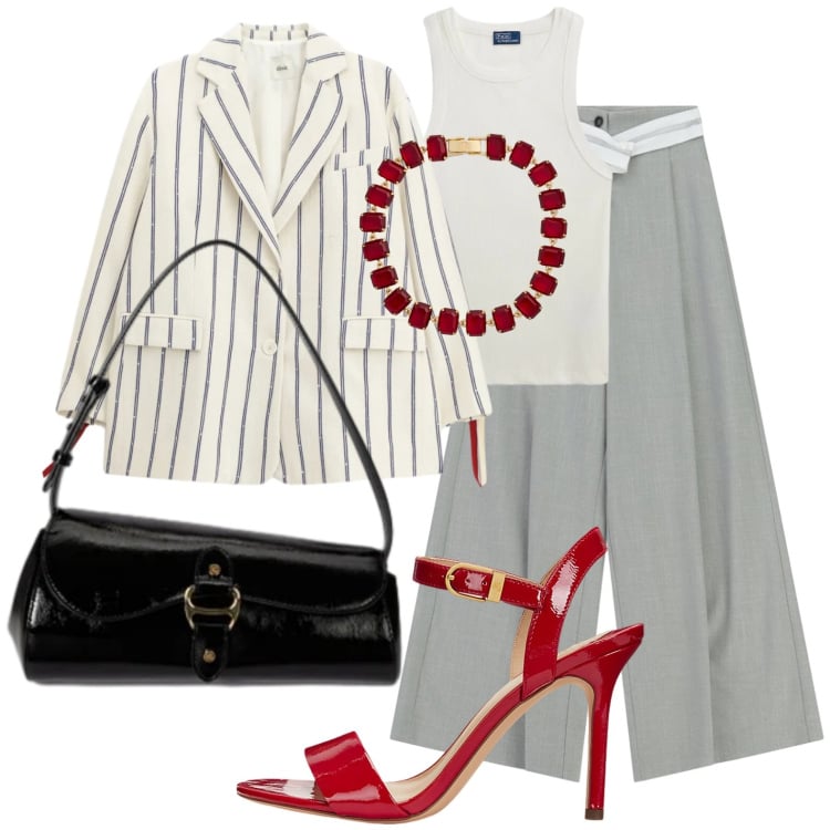 Outfit donna - Sandali rosso fuoco. Stile Glamour per Serata fuori. Abbinamento con pantaloni a palazzo, blazer, sandali col tacco, borse a spalla, braccialetti, canottiere.