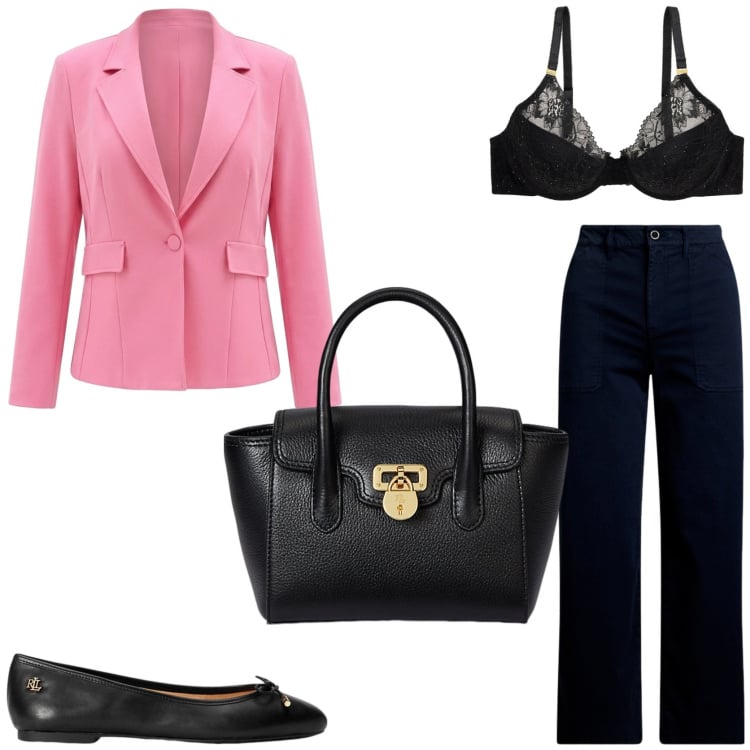 Outfit donna - Pink Power. Stile Chic per Tutti i giorni. Abbinamento con blazer, ballerine, borse a mano, pantaloni, reggiseni.