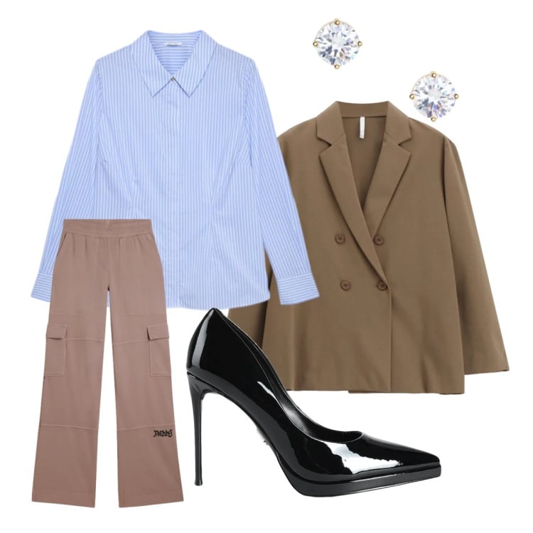 Outfit donna - Camicia leggera. Stile Mannish per Ufficio. Abbinamento con décolleté, camicie, blazer, pantaloni cargo, orecchini.