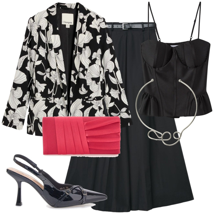 Outfit donna - Blazer e bustier. Stile Glamour per Serata fuori. Abbinamento con blazer, top, pantaloni, collane, pochette, décolleté.