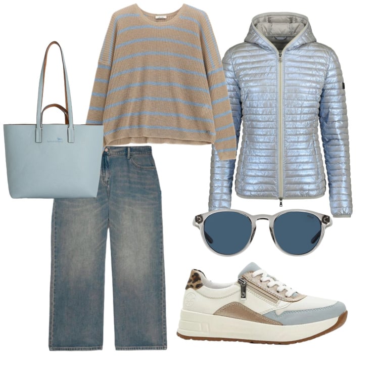 Outfit donna - City life. per Tutti i giorni. Abbinamento con sneakers, jeans, shopping bag, maglieria, piumini, occhiali da sole.