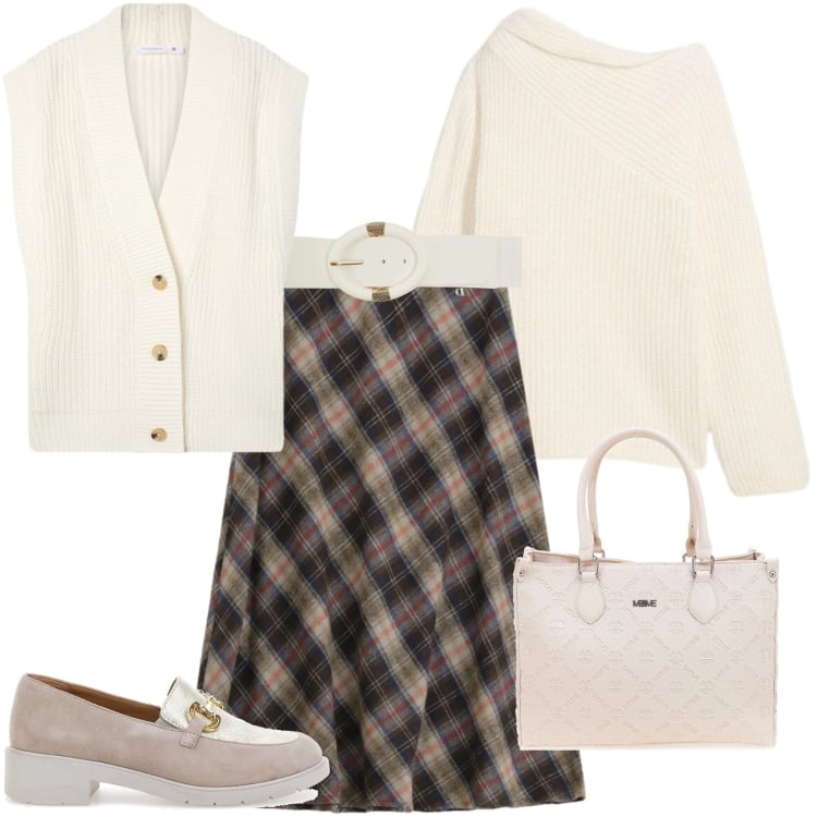 Outfit donna - Total look #2375287. Stile Casual per Ufficio. Abbinamento con maglieria, gonne longuette, borse a tracolla, cinture, gilet, mocassini.