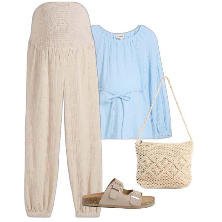 Outfit femme - Ensemble grossesse gaze de coton. Style Casual pour Tous les jours. look idéal pour Grossesse. Assortir avec tuniques, sacs en bandoulière, pantalon , sandales.