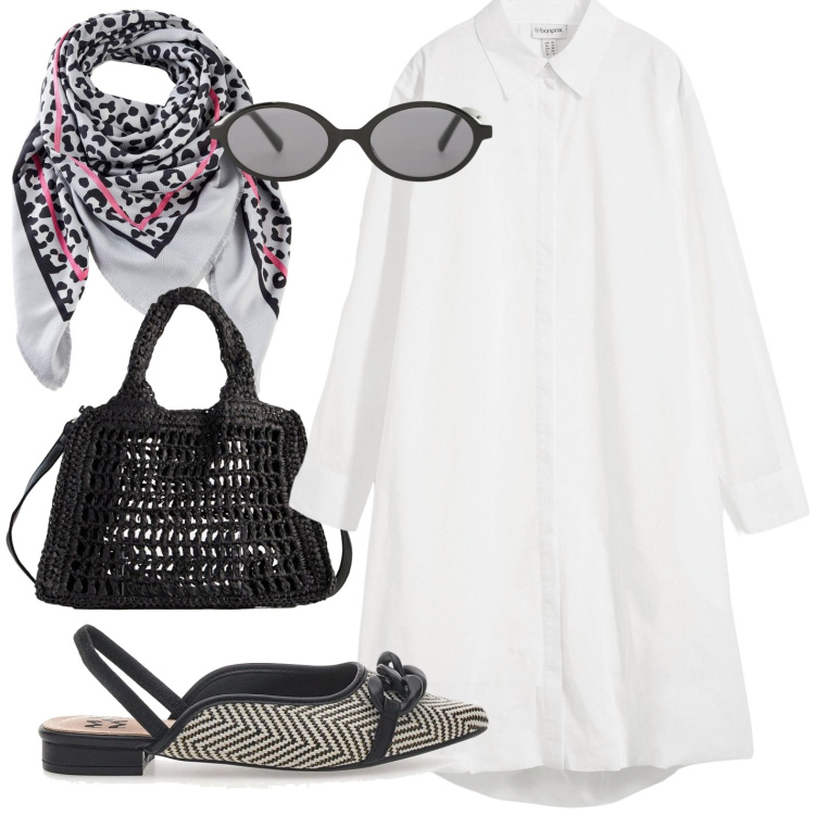 Outfit donna - Passeggiata a Marrakech. Stile Glamour Abbinamento con vestiti chemisier, borse a tracolla, foulard, occhiali da sole, ballerine.