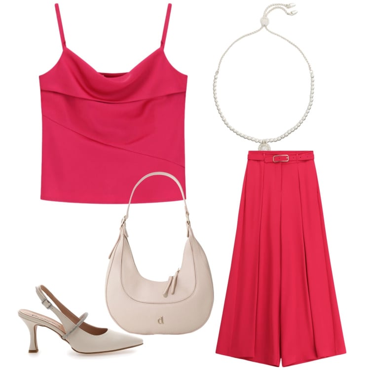 Outfit donna - Fucsia Power. Stile Glamour per Tutti i giorni. Abbinamento con pantaloni a palazzo, canottiere, borse a tracolla, braccialetti, décolleté.