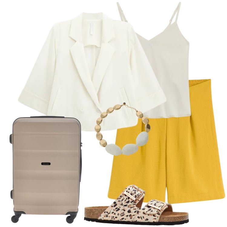 Outfit donna - In partenza in giallo. Stile Casual chic per Tutti i giorni. Abbinamento con ciabatte, shorts, blazer, collane, top, valigie.