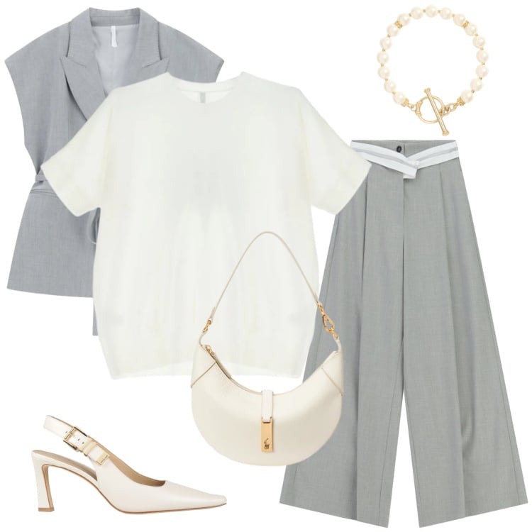 Outfit donna - Minimal Zen. Stile Casual chic per Tutti i giorni. Abbinamento con décolleté, t-shirt, pantaloni a palazzo, gilet, borse a spalla, braccialetti.