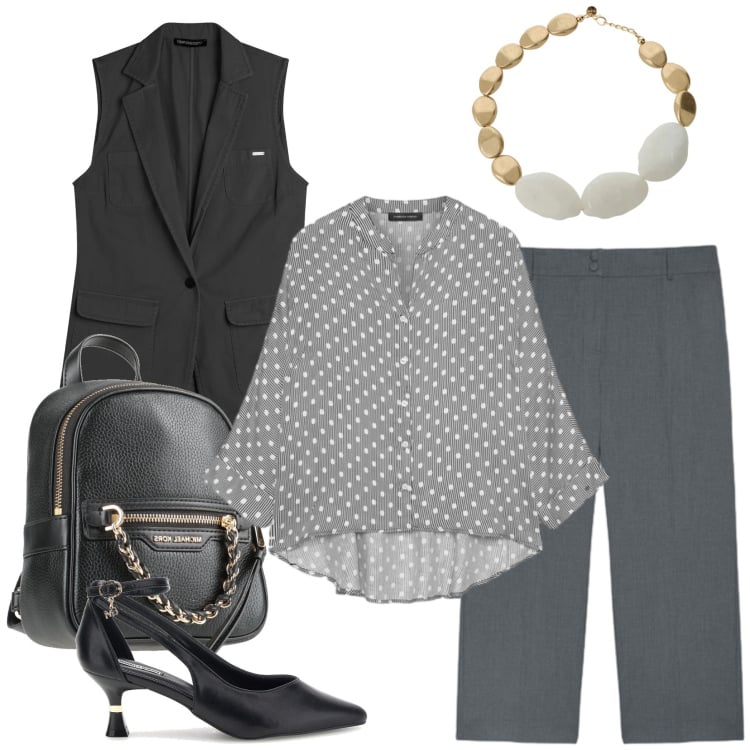 Outfit donna - Urban Graphic. Stile Casual chic per Tutti i giorni. Abbinamento con zaini, camicie, pantaloni, collane, gilet, décolleté.