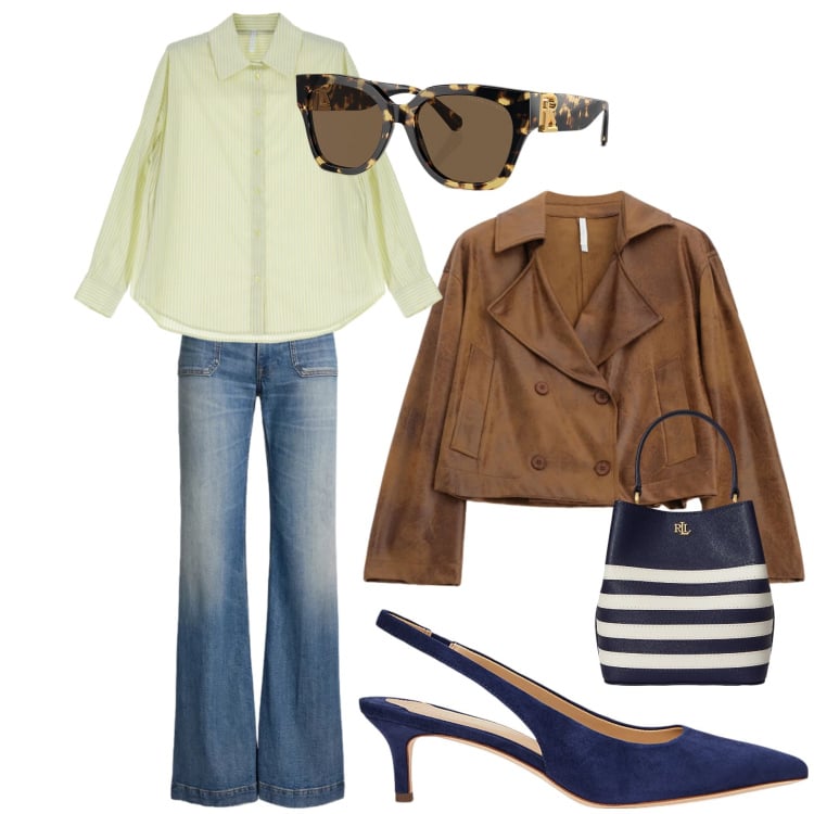 Outfit donna - S&CNY. Abbinamento con camicie, giacche, occhiali da sole, décolleté, borse a secchiello, jeans bootcut.