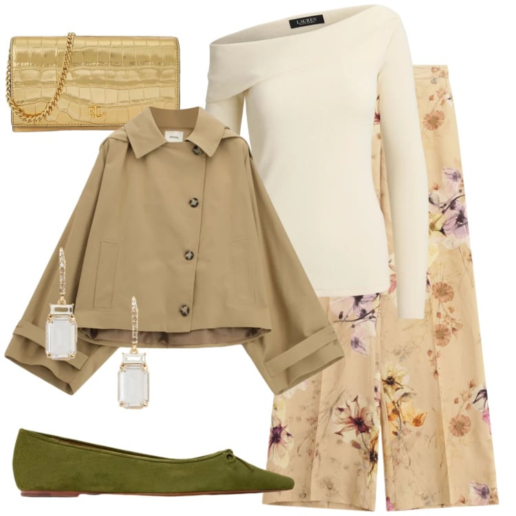 Outfit donna - Pranzo di Pasqua glamour. Stile Glamour per Tutti i giorni. Abbinamento con blazer, pantaloni a palazzo, top, ballerine, borse a tracolla, orecchini.