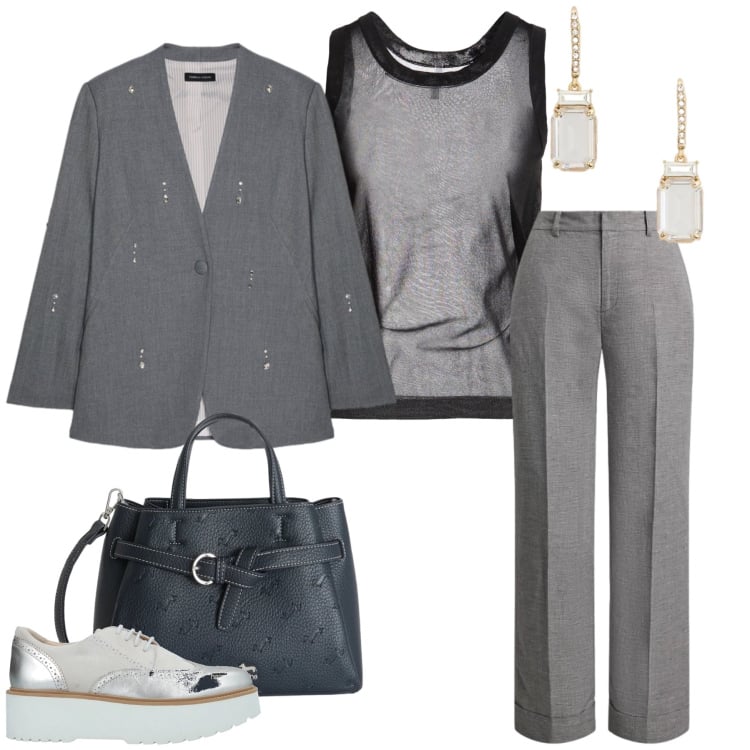 Outfit donna - Silver Tailoring. Stile Casual chic per Tutti i giorni. Abbinamento con scarpe stringate, top, blazer, borse a mano, orecchini, pantaloni.