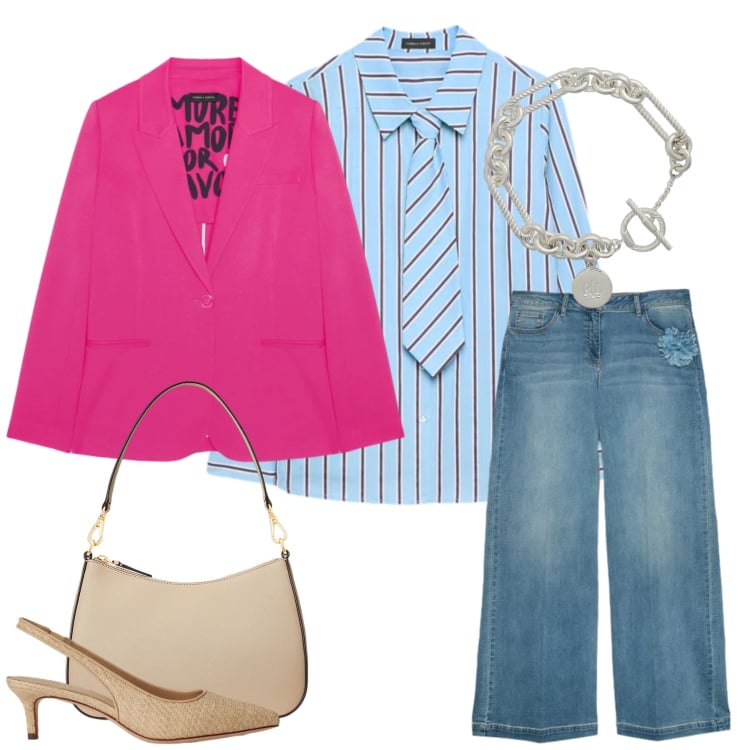 Outfit donna - Bold & Preppy. Stile Casual chic per Tutti i giorni. Abbinamento con camicie, jeans, blazer, décolleté, braccialetti, borse a spalla.