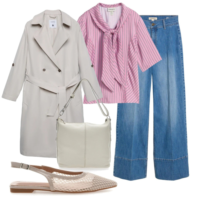 Outfit donna - Trench in aprile. Stile Glamour per Tutti i giorni. Abbinamento con bluse, jeans, trench, borse a spalla, ballerine.