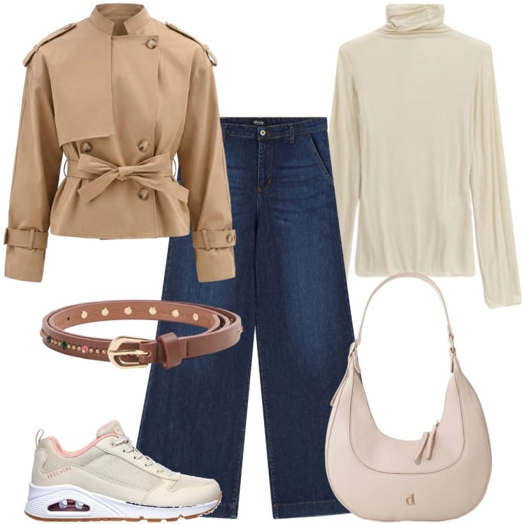 Outfit donna - Spring in Sale. Stile Casual chic per Tutti i giorni. Abbinamento con caban, jeans, t-shirt, borse a tracolla, sneakers, cinture.