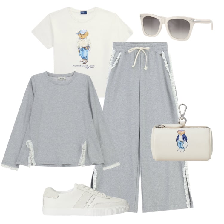 Outfit donna - Grigio perla in città. Stile Urban per Tutti i giorni. Abbinamento con pantaloni a palazzo, t-shirt, portamonete, occhiali da sole, sneakers, t-shirt.