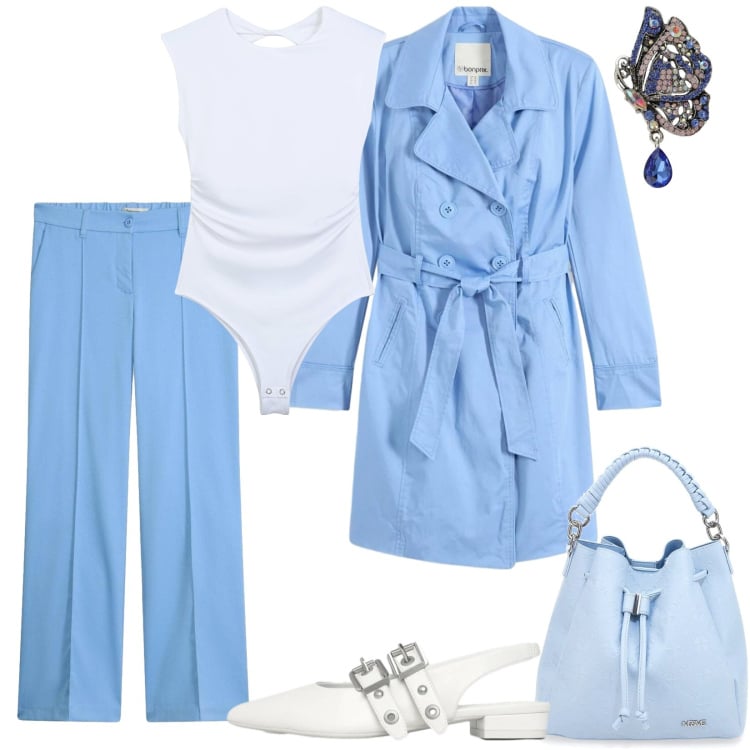 Outfit donna - Celeste e bianco. Stile Casual per Ufficio. Abbinamento con trench, pantaloni, ciondoli, top, ballerine, borse a secchiello.