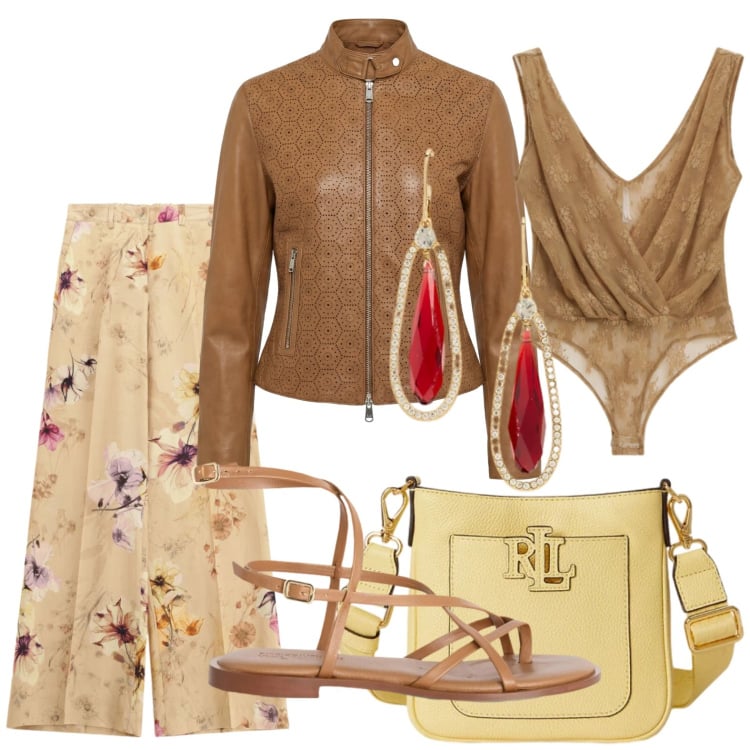 Outfit donna - Il pantalone protagonista di aprile. Stile Casual per Tutti i giorni. Abbinamento con giacche, sandali in pelle, top, pantaloni a palazzo, orecchini, borse a tracolla.