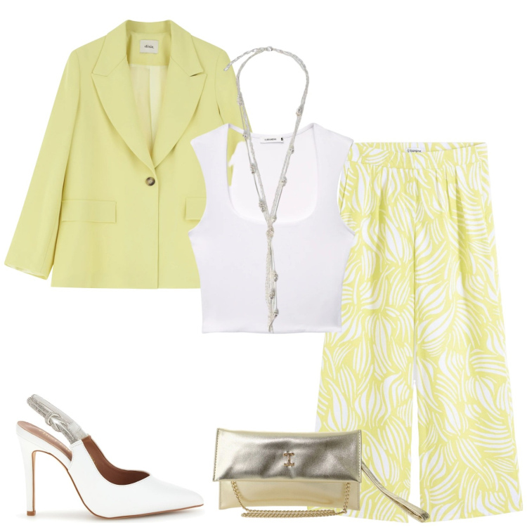 Outfit donna - Total look #2375311. Stile Chic per Cerimonia. Abbinamento con pantaloni a palazzo, collane, borse a tracolla, blazer, top, décolleté.