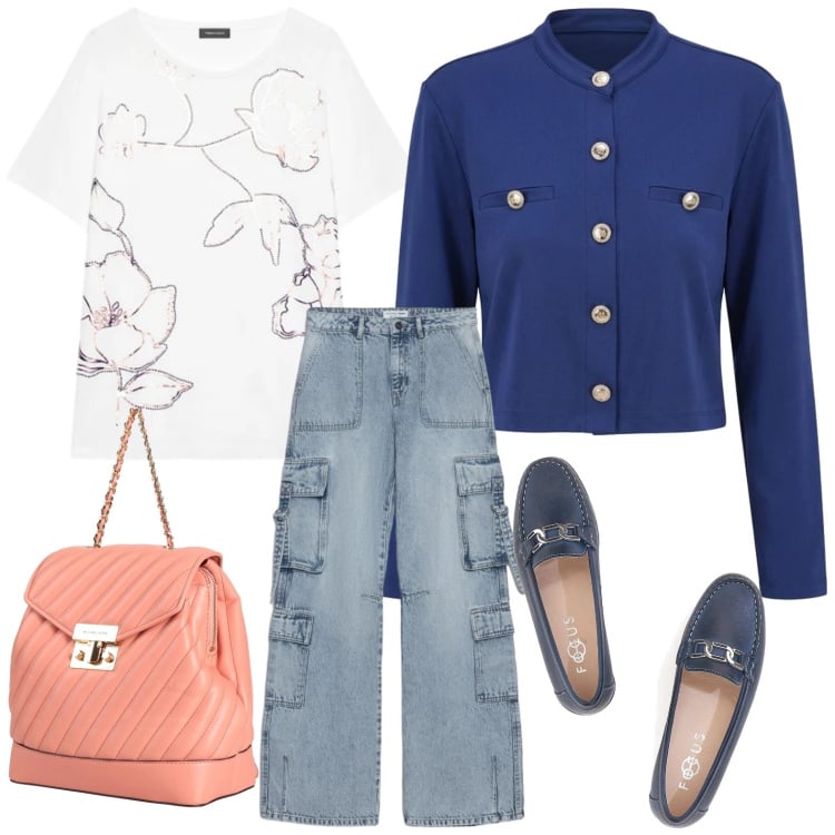 Outfit donna - Tasche extra. Stile Minimal per Tutti i giorni. Abbinamento con zaini, t-shirt, cardigans, mocassini, jeans.