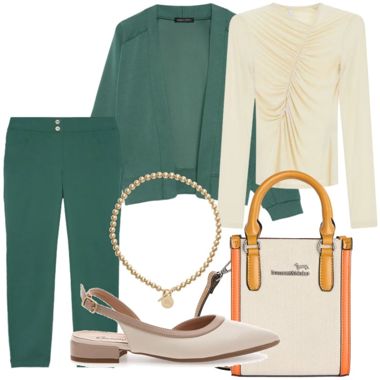 Outfit donna - Drappeggio raffinato. Stile Glamour per Ufficio. Abbinamento con pantaloni skinny, felpe, borse tote, t-shirt, collane, ballerine.