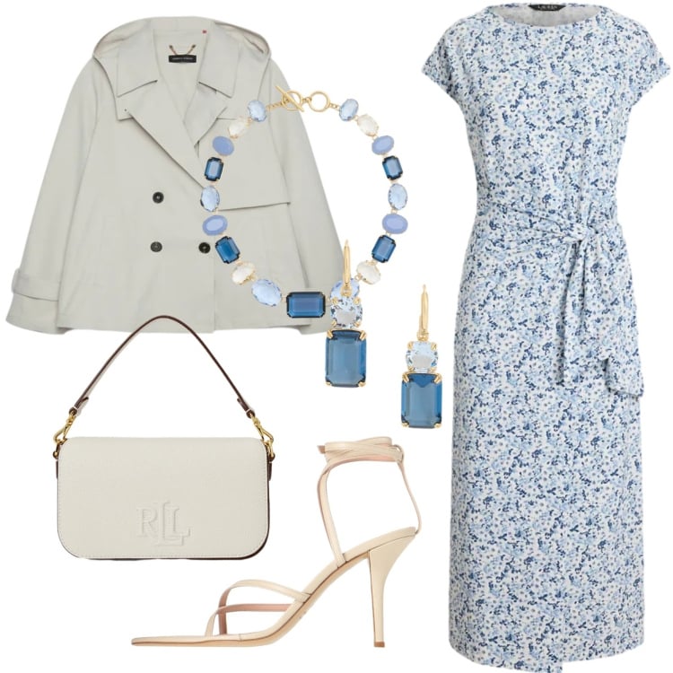 Outfit donna - Azzurro glamour. Stile Glamour per Cerimonia. Abbinamento con infradito, trench, borse a spalla, orecchini, collane, vestiti midi/longuette.