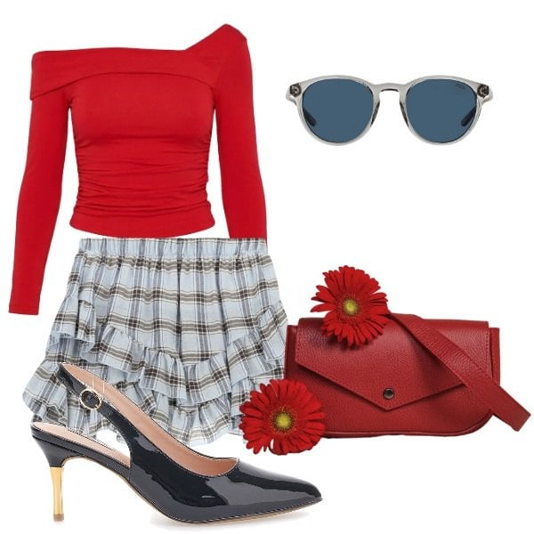 Outfit donna - saldi di primavera. Stile Glamour per Tutti i giorni. Abbinamento con t-shirt, borse a tracolla, minigonne, occhiali da sole, décolleté.