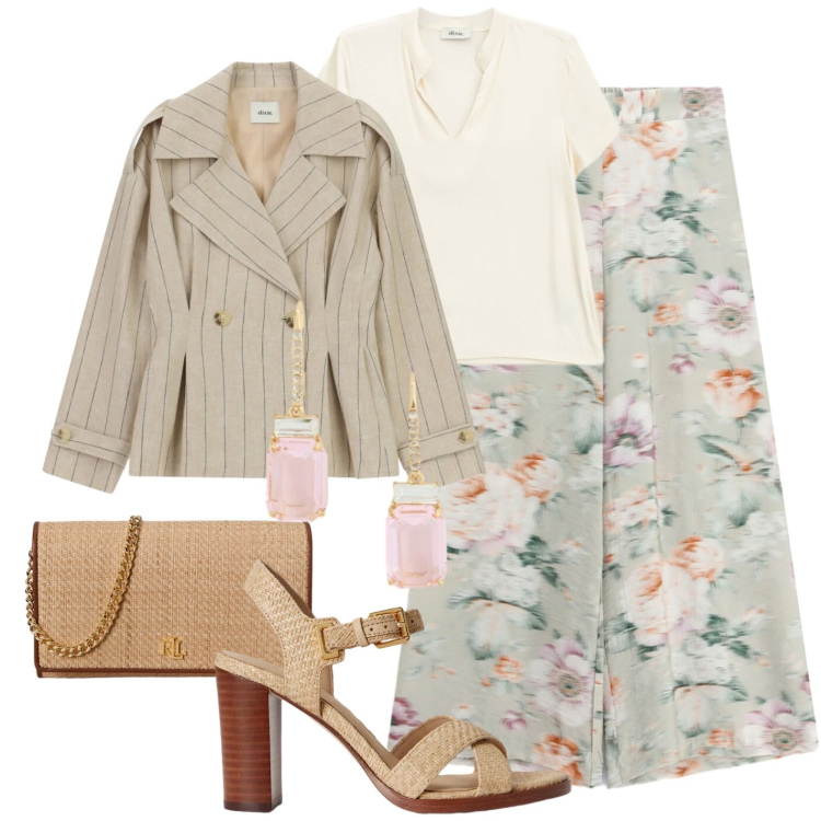 Outfit donna - Primavera e toni pastello. Stile Glamour per Tutti i giorni. Abbinamento con blazer, t-shirt, pantaloni a palazzo, borse a tracolla, sandali col tacco, orecchini.