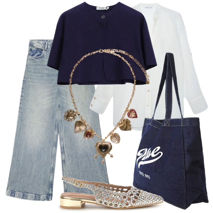 Outfit donna - Spring in Sale. Stile Casual chic per Tutti i giorni. Abbinamento con collane, shopping bag, cappotti, jeans, camicie, sandali.