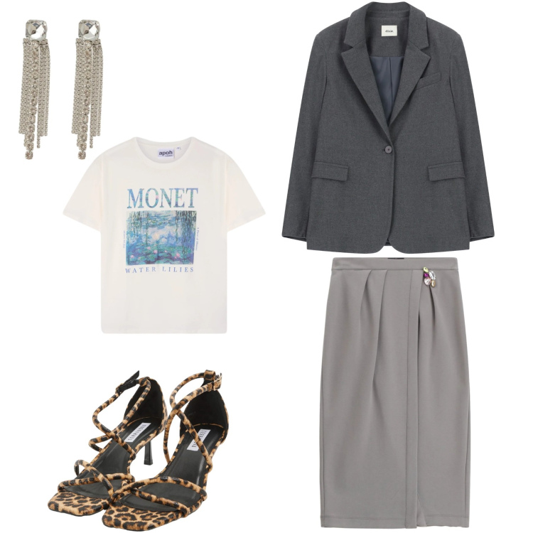 Outfit donna - Monet. Stile Casual chic per Tutti i giorni. Abbinamento con gonne, orecchini, blazer, sandali col tacco, t-shirt.