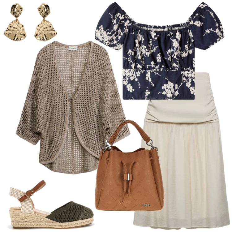 Outfit donna - Per una passeggiata. Stile Romantica per Tutti i giorni. Abbinamento con cardigans, orecchini, gonne longuette, borse a tracolla, zeppe, bluse.